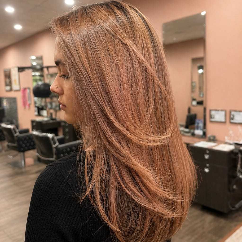 A woman with long, styled hair in a salon setting.